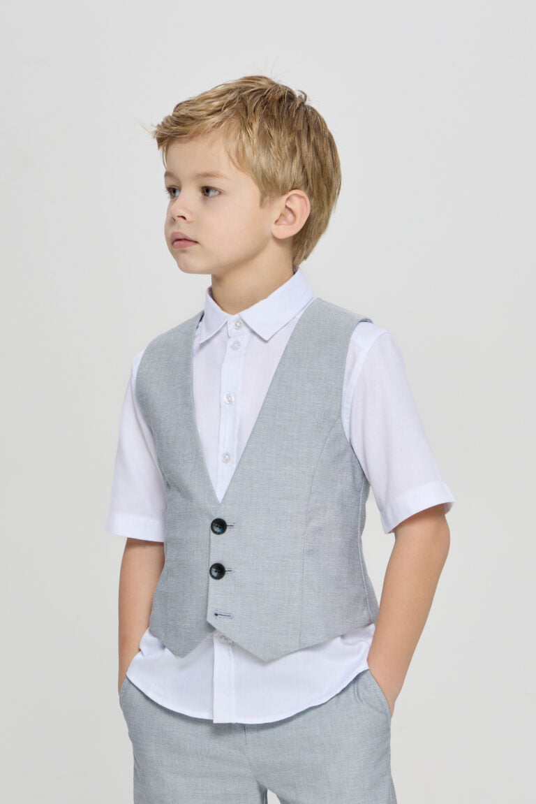 Armani Junior Logo Front View Of A Boy In Grey Suit Standing With