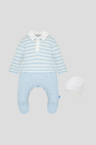 Collared Stripe Overall and Hat Set, Light Blue