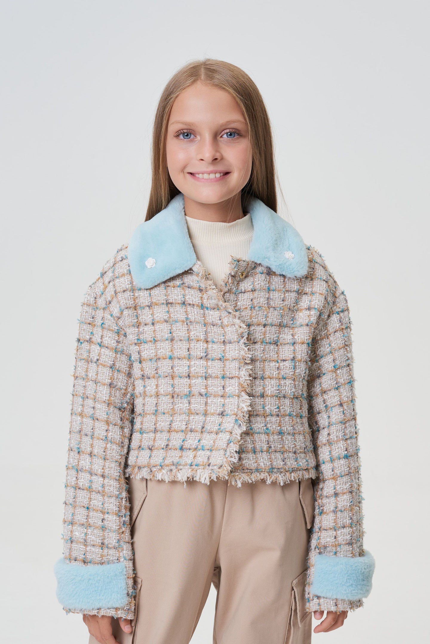 Chaqueta de tweed con cuello de piel sintética 