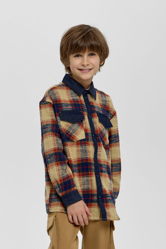 Denim Collar Checkered Shirt