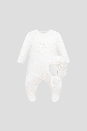 French Lace Overlay Playsuit and Bonnet Set