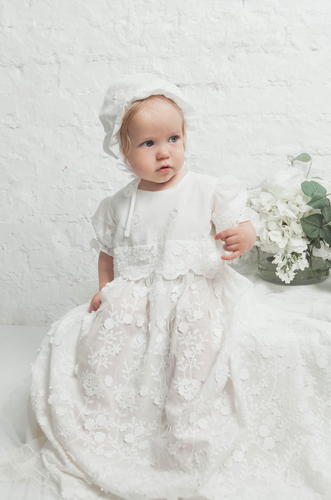Flowers Enbroidered Baptismal and Christening Gown with Bonnet
