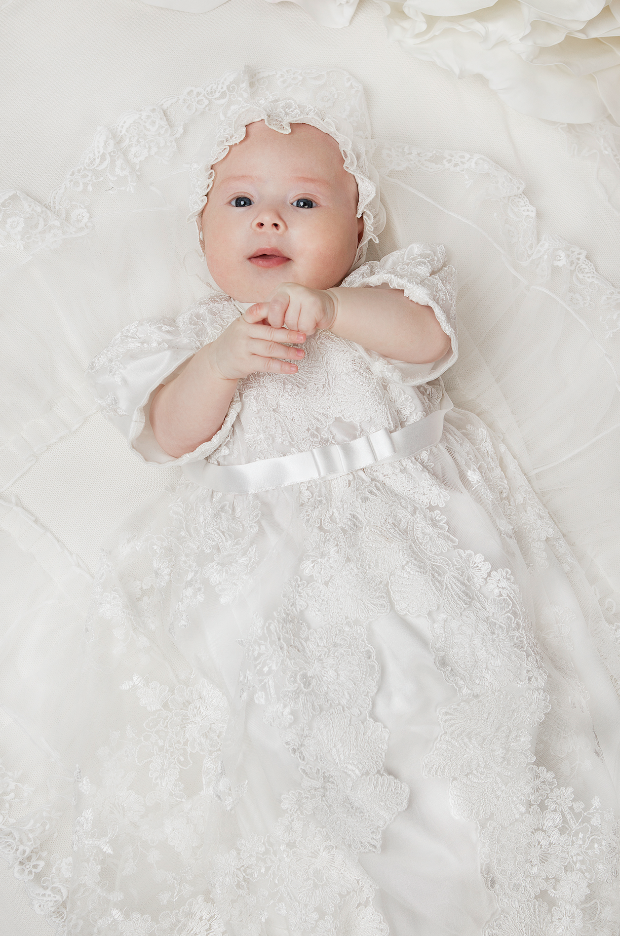 Luxury French Lace Baptismal and Christening Gown with Bonnet