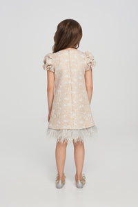 Feather Trim Brocade Dress