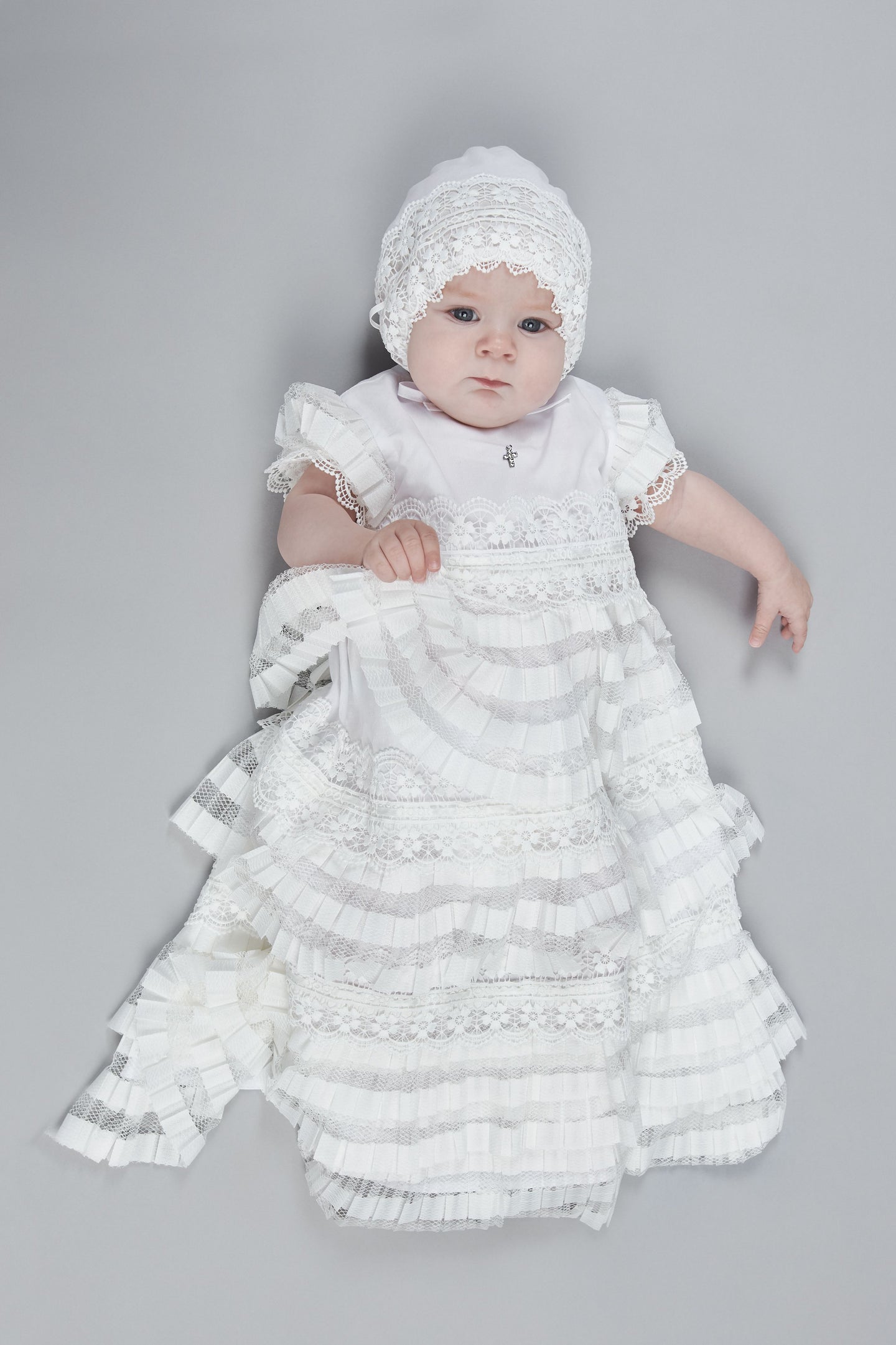 All Over Ruffles Christening/Baptismal Gown and Bonnet Set