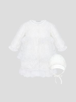 Flounced Lace Overall-Dress with Bonnet